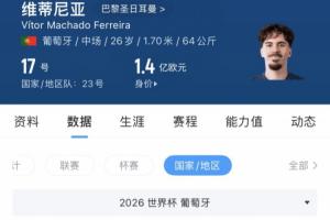 维蒂尼亚身价1.4亿欧,世界杯5场0球0助,仅2次关键传球